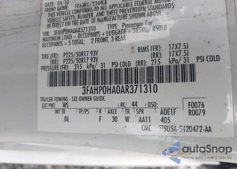 2010 Ford Fusion Se из США, поврежденный, VIN 3FAHP0HA0AR371310